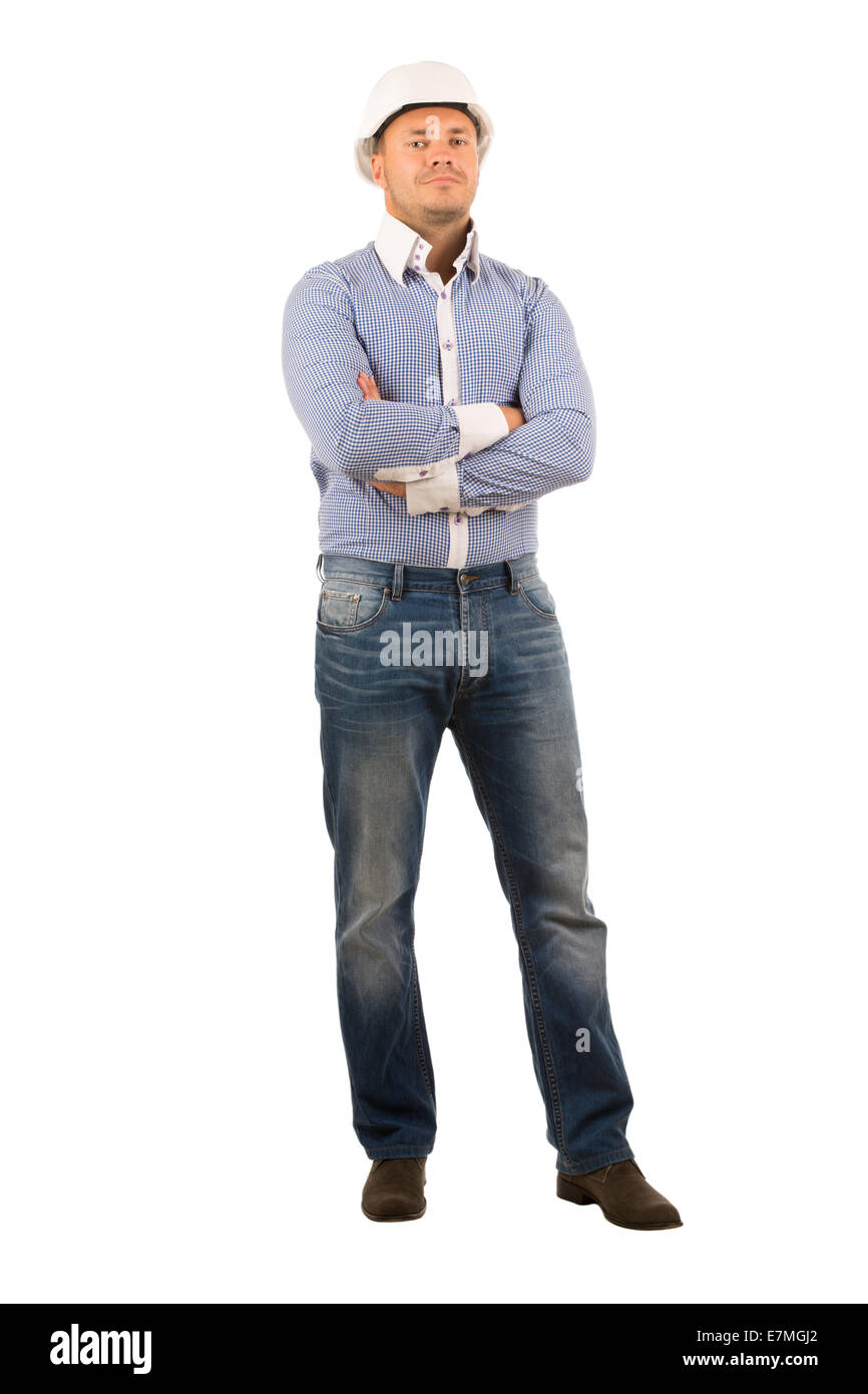 Middle Age Male Engineer in White Helmet and Checkered Polo Crossing Arms While Looking at Camera on White Background Stock Photo