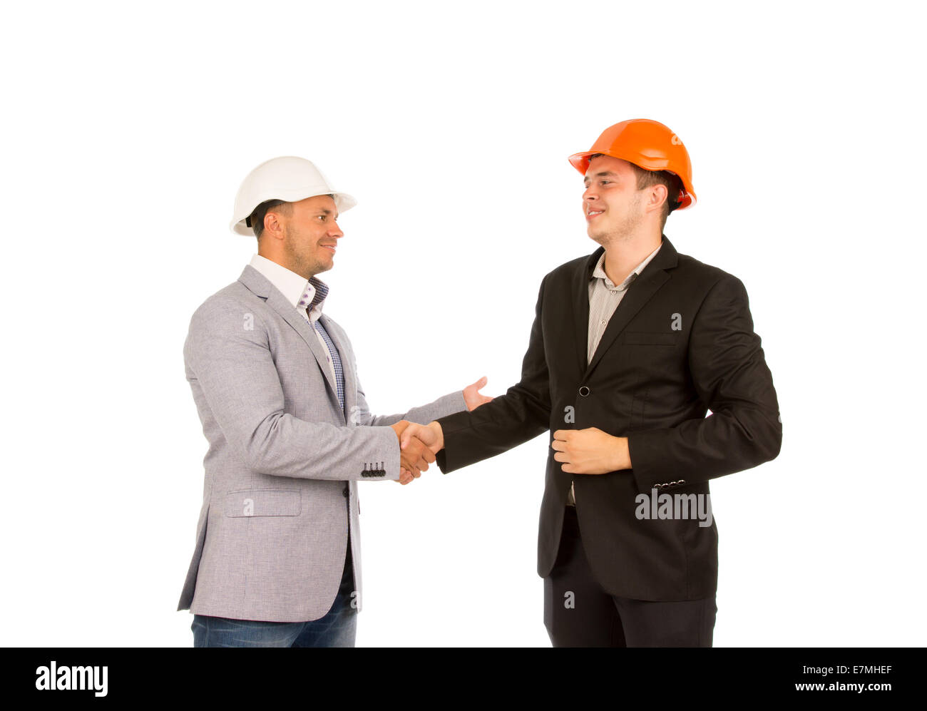 Middle Age Happy Client and Engineer Shaking Hands Isolated on White ...