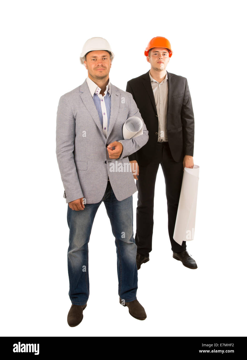 Full Body Middle Age Engineers Looking at Camera. Isolated on White Background. Stock Photo