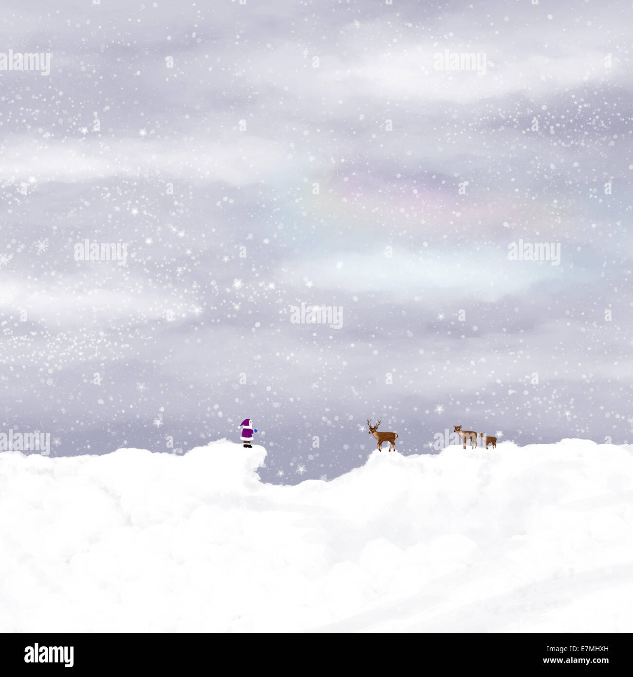 Winter illustration. Little child and deers in a snow. Stock Photo