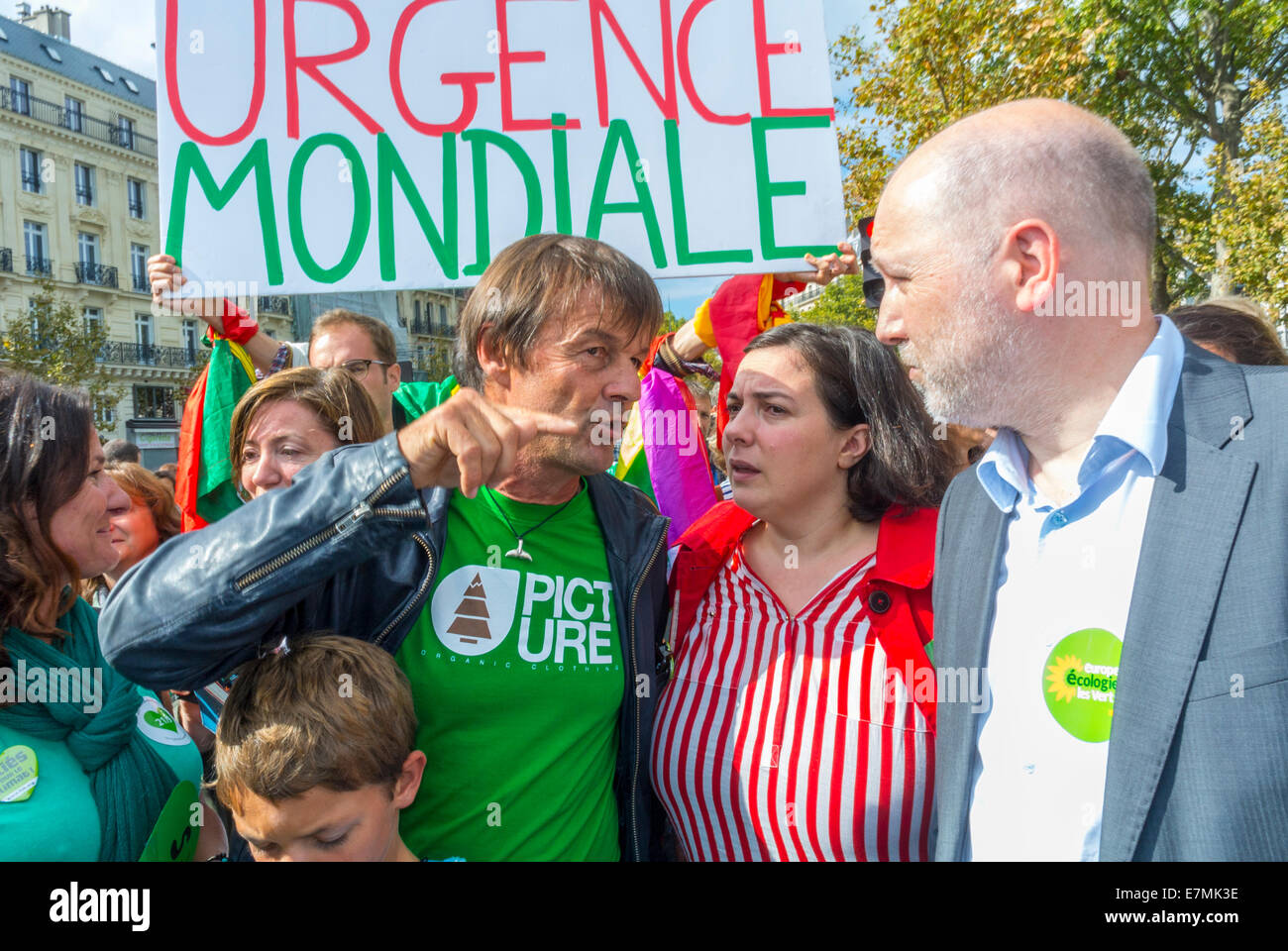 Paris, France, Public Demonstration, International Climate Change March in Paris, French Green party politicians, 'Emmanuelle Cosse' (EELV), Denis Baupin, Nicolas Hulot, global problem, women climate protest Stock Photo