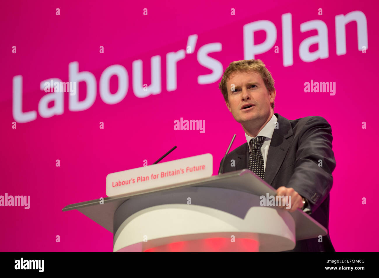 Manchester, UK. 21st Sep, 2014. Tristram Hunt, Shadow Secretary of State for Education, addresses the auditorium on day one of the Labour Party's Annual Conference taking place at Manchester Central Convention Complex Credit:  Russell Hart/Alamy Live News. Stock Photo