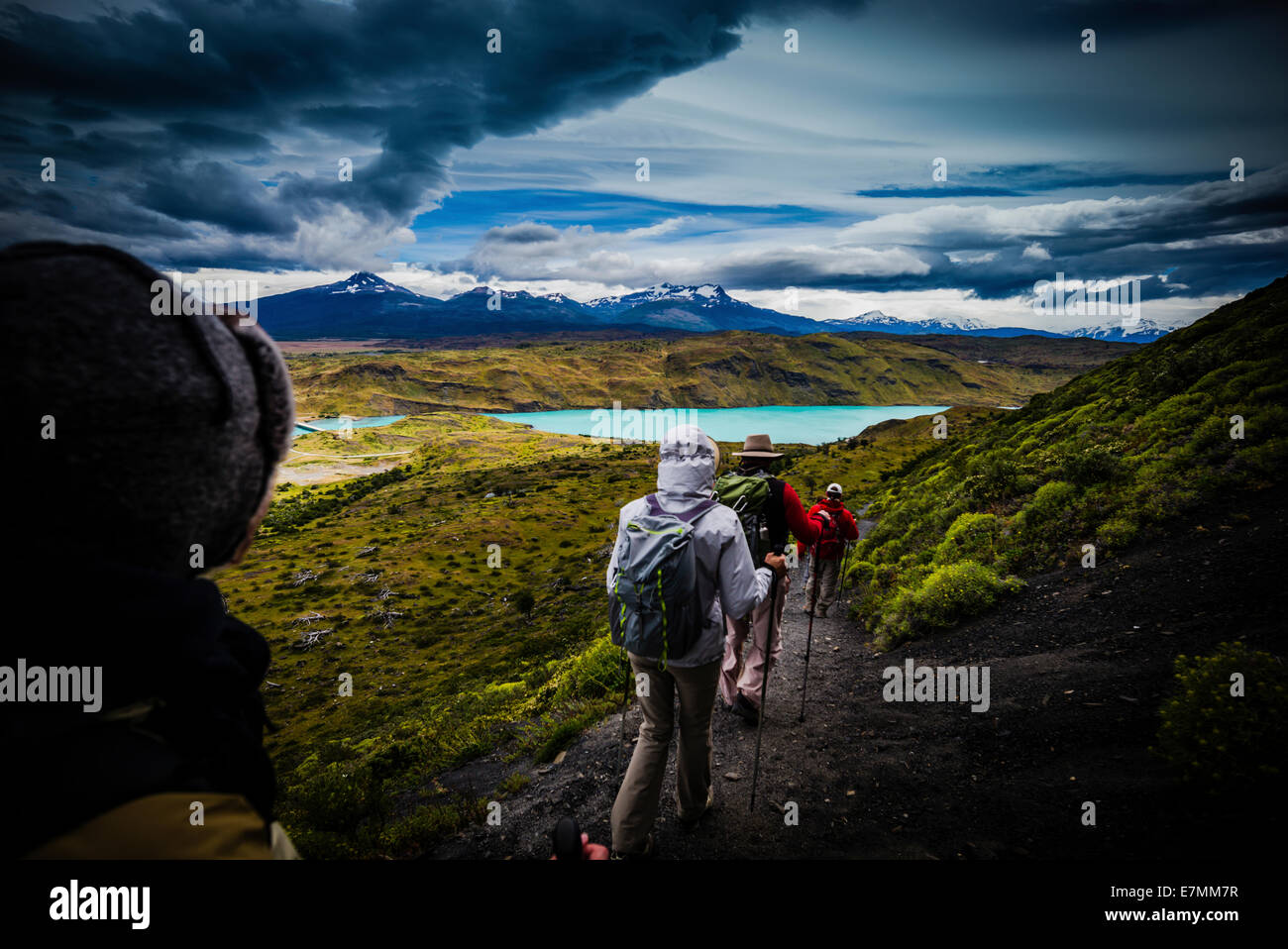 Hikers in wild Patagonia, Chile. Stock Photo