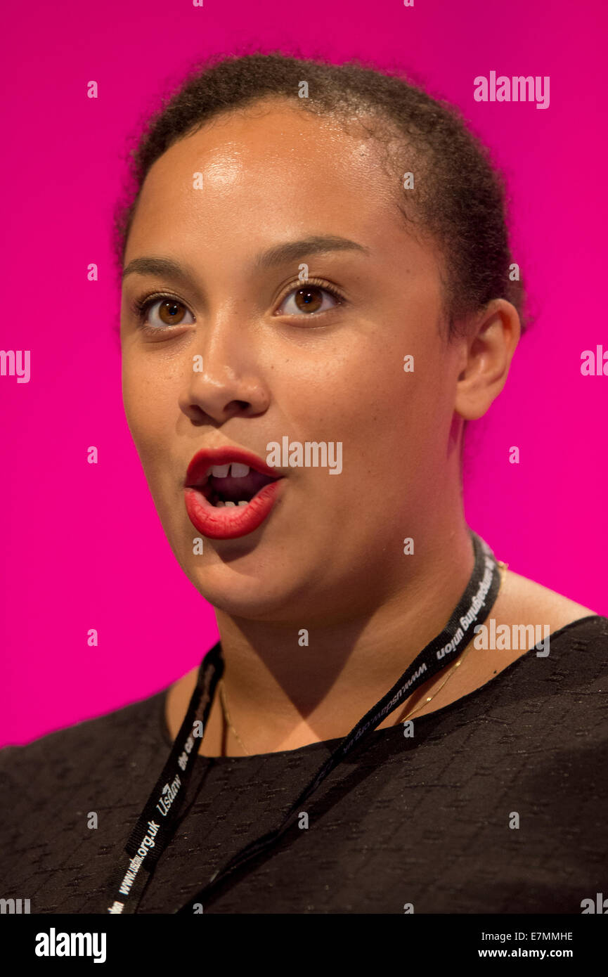 Manchester, UK. 21st Sep, 2014. Samantha Jury-Dada, Black, Asian and Minority Ethnic Officer of Labour Students, addresses the auditorium on day one of the Labour Party's Annual Conference taking place at Manchester Central Convention Complex Credit:  Russell Hart/Alamy Live News. Stock Photo