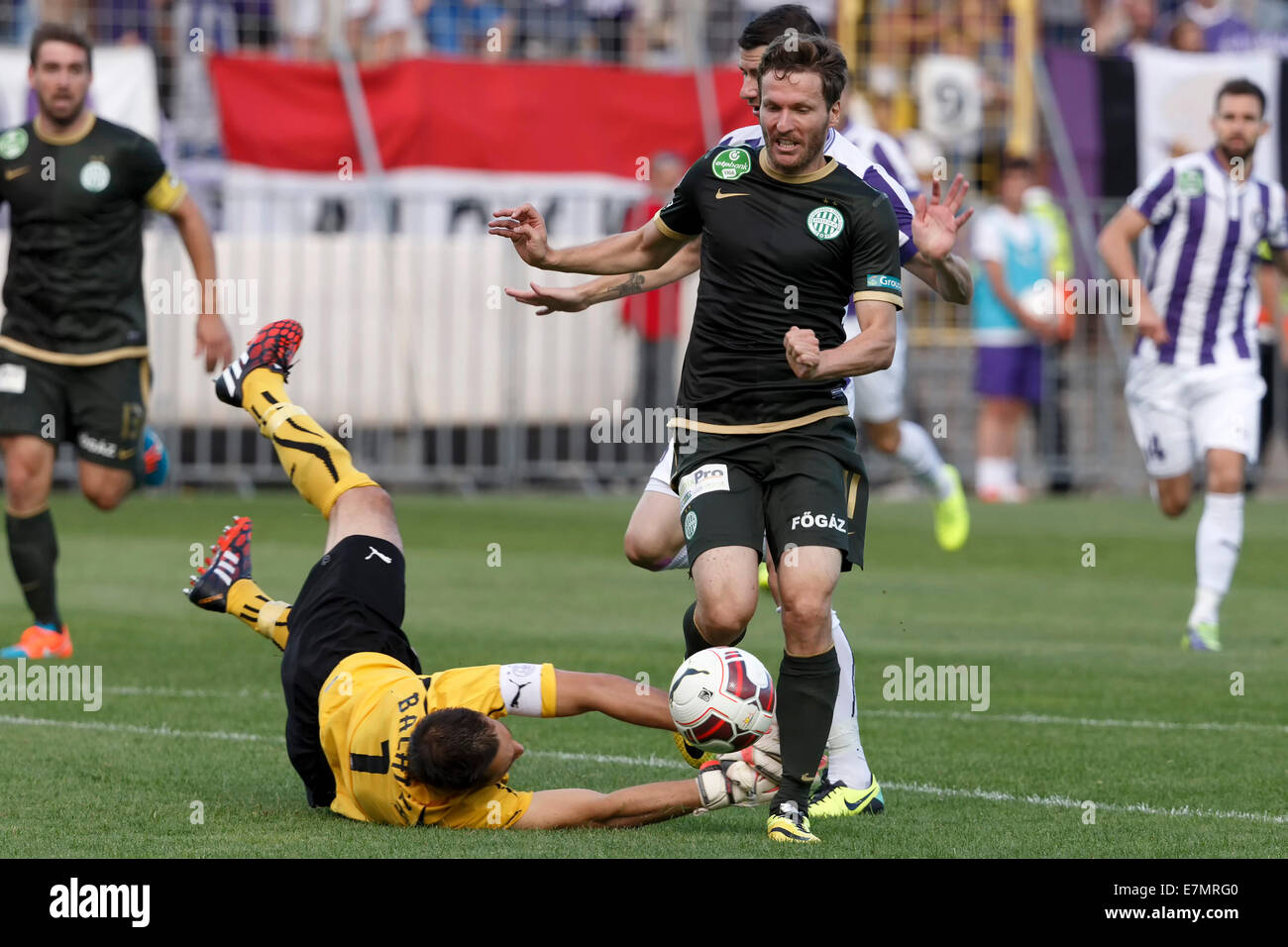 BUDAPEST, HUNGARY - MAY 7, 2016: Benjamin Cseke (L) Of Ujpest FC