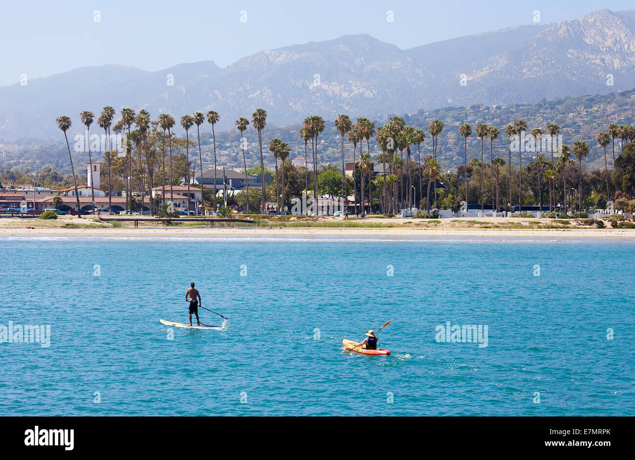 Santa Barbara, California, USA - people on the beach and in the water boating enjoying a sunny day Stock Photo