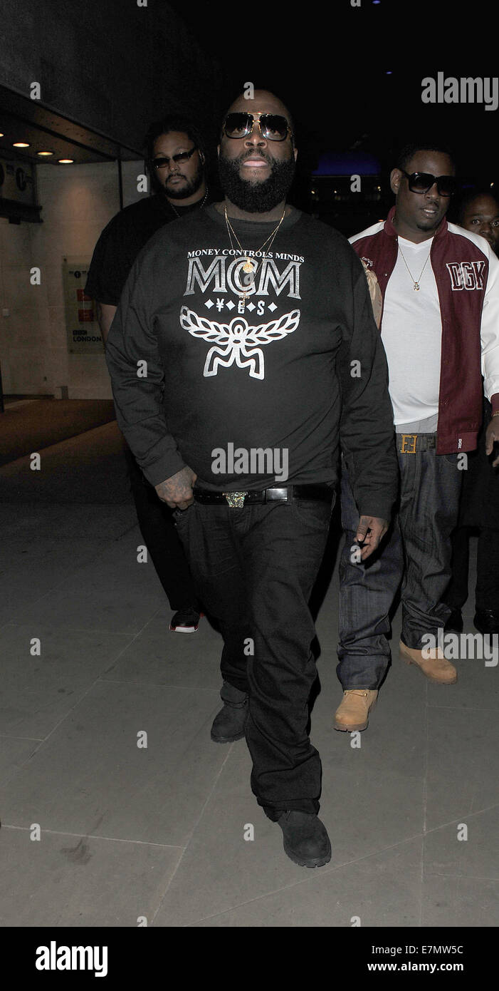 Rick Ross leaves the Radio 1 studios wearing a sweatshirt with