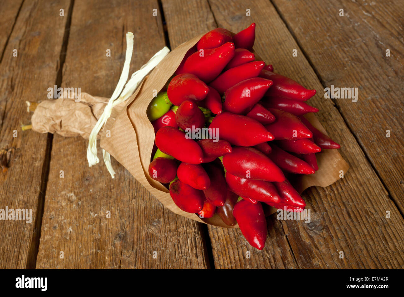 Bunch of fresh small red hot pepper made in Salento, Puglia, Italy. Stock Photo