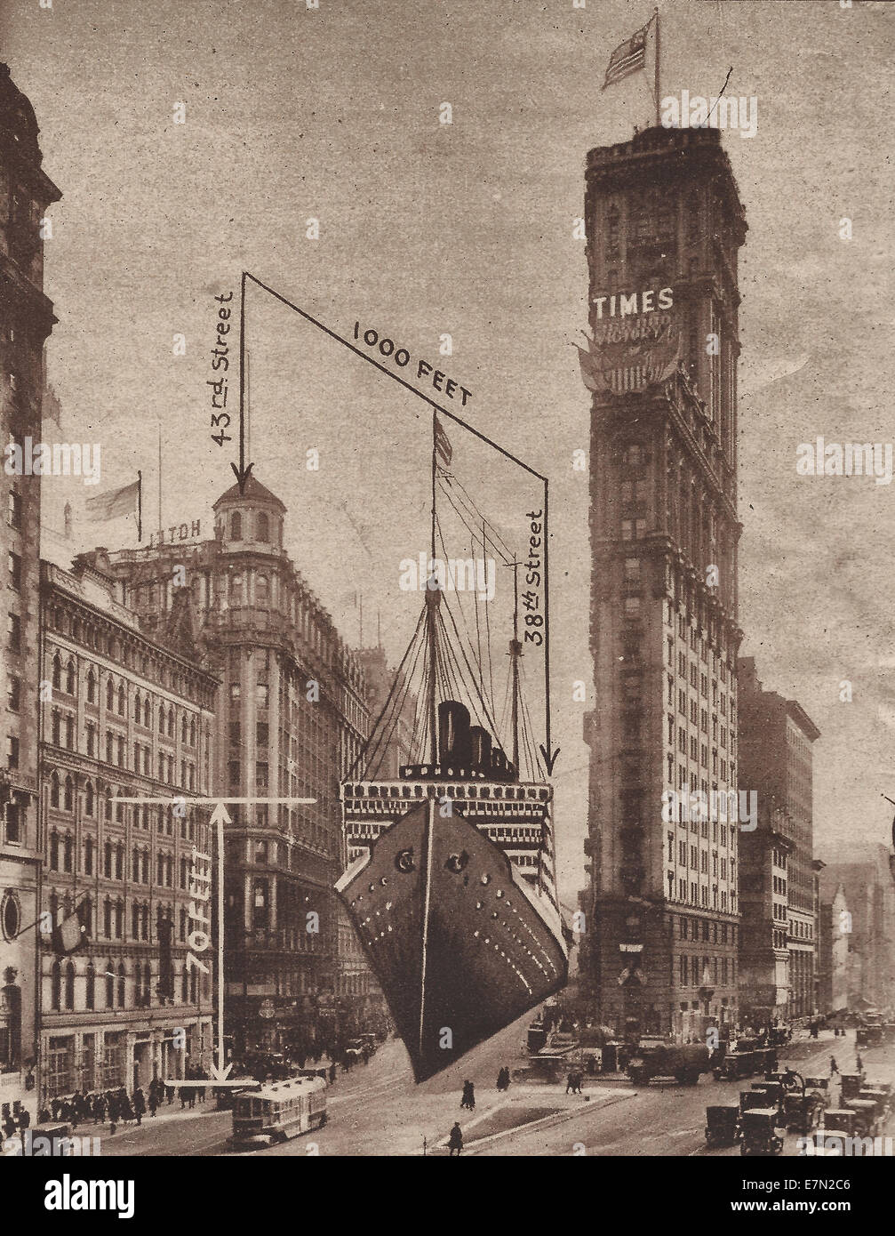 One of the new Ocean steamers recently projected would extend along Broadway, New York from the Times Corner at 43rd St to 38th Street, circa 1919 Stock Photo