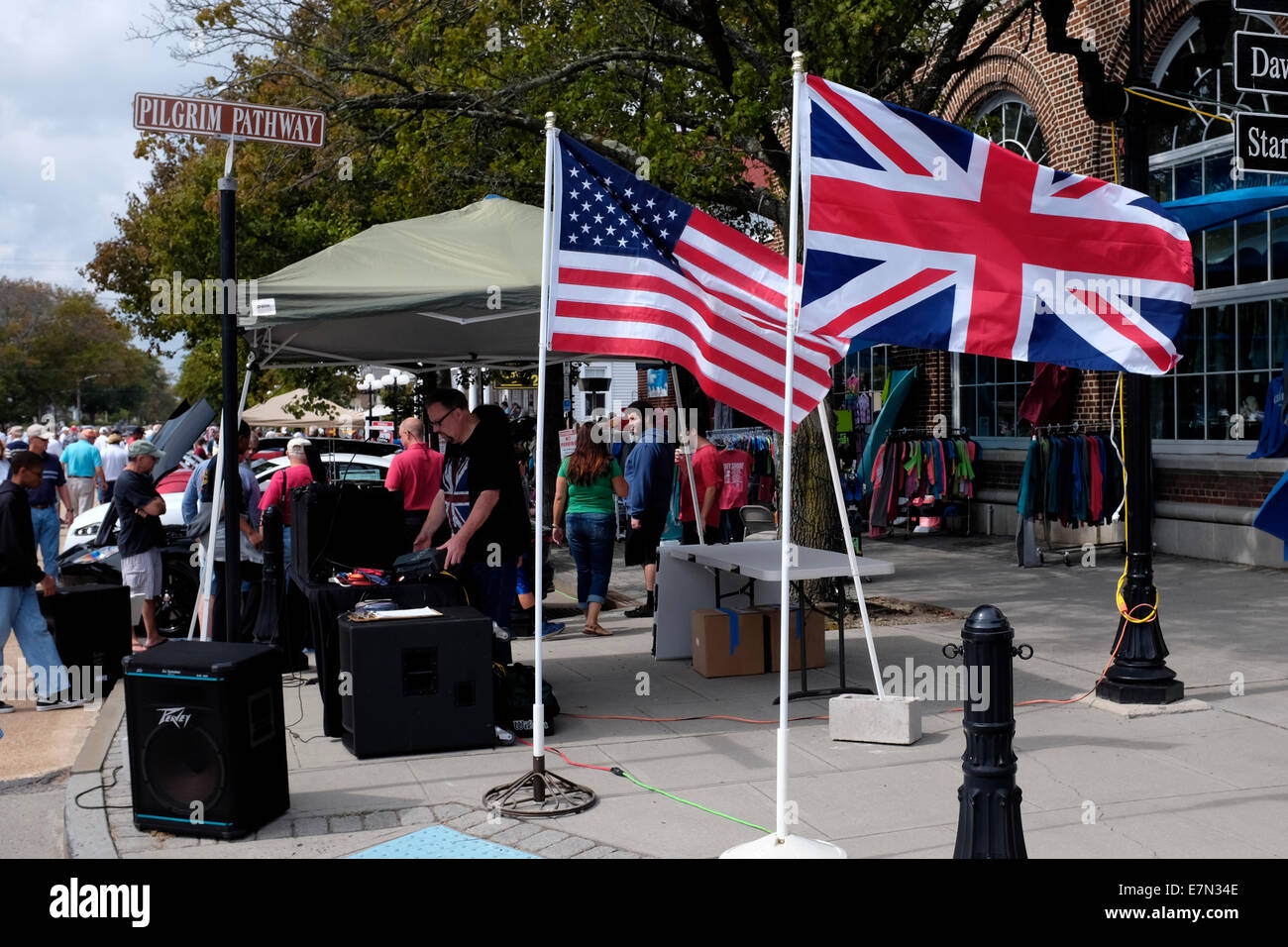 American Flag and UK flag fly side by side at the Brits by the Beach Car Show in Ocean Grove, NJ Stock Photo