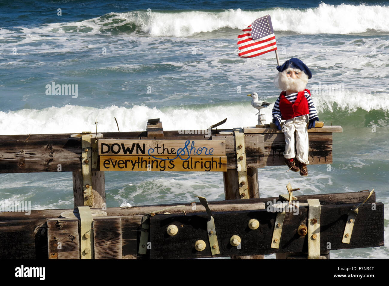 Down the Shore everything's alright - Doll dressed as an old sailor on a pier in Ocean Grove, New Jersey, USA Stock Photo