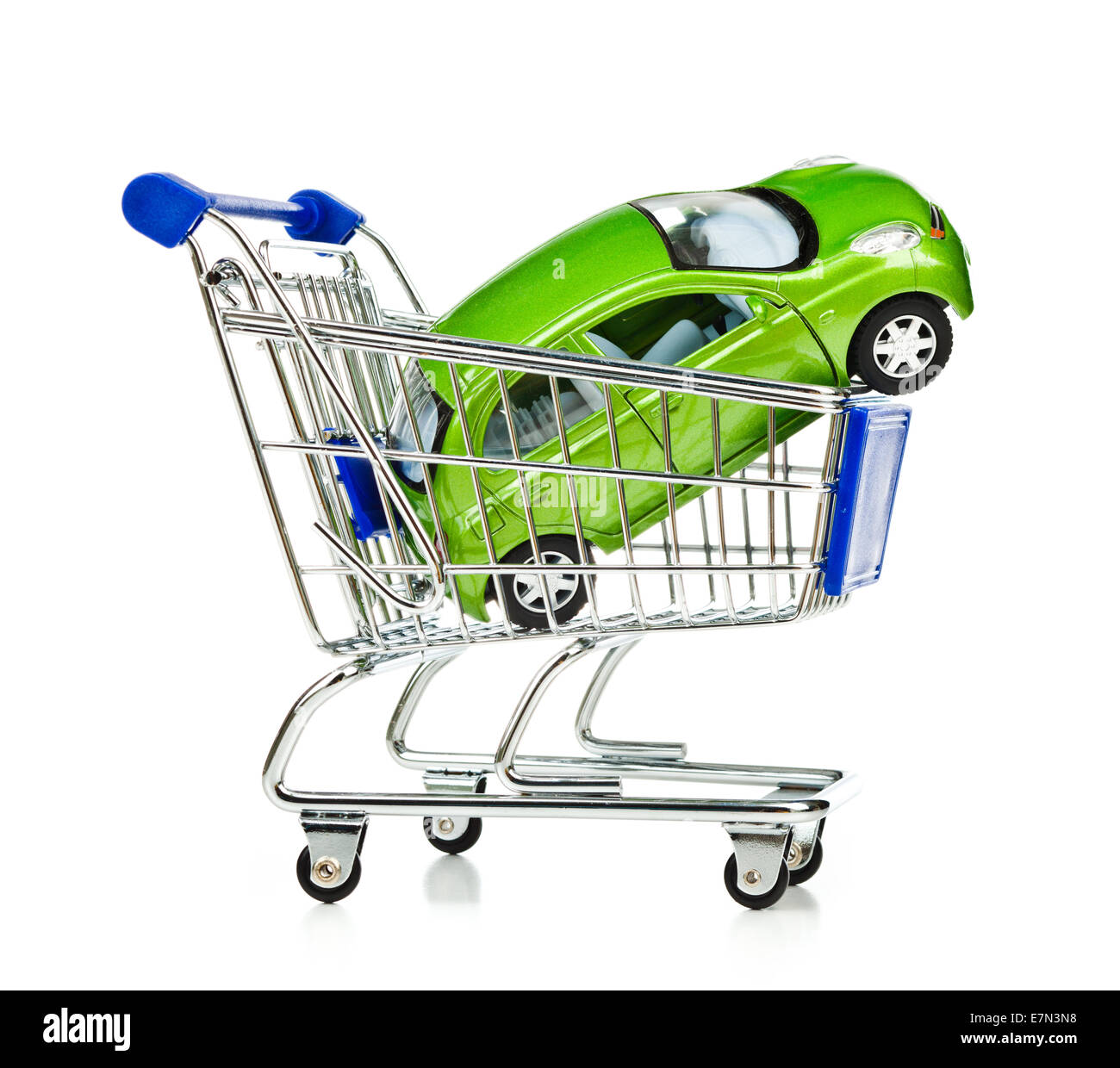 Shopping Cart with green car on white background. Stock Photo
