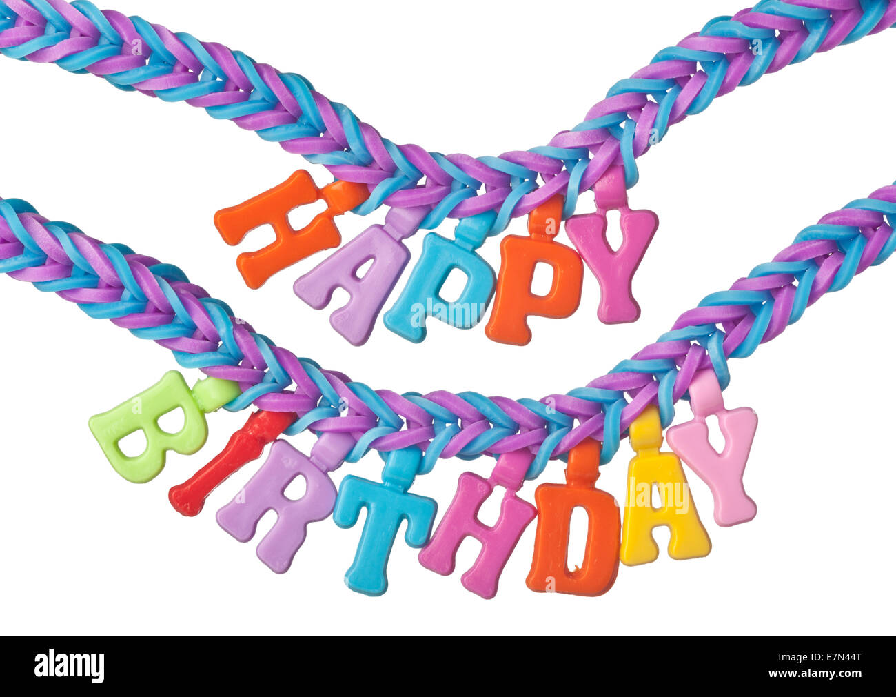 Bracelet formed using colorful rubber bands with the words HAPPY BIRTHDAY isolated on white background Stock Photo