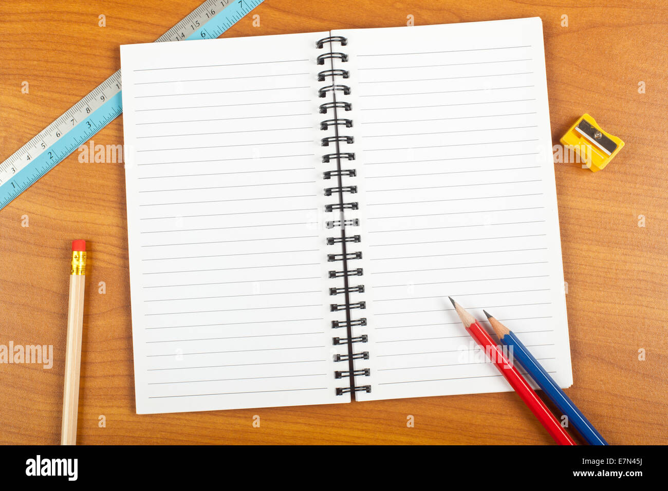 Notepad and stationery on a table with copy space Stock Photo