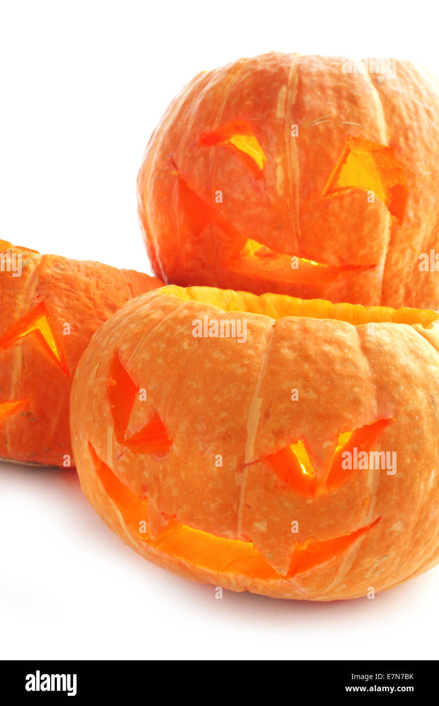 Glowing Halloween Pumpkins isolated on white background Stock Photo - Alamy