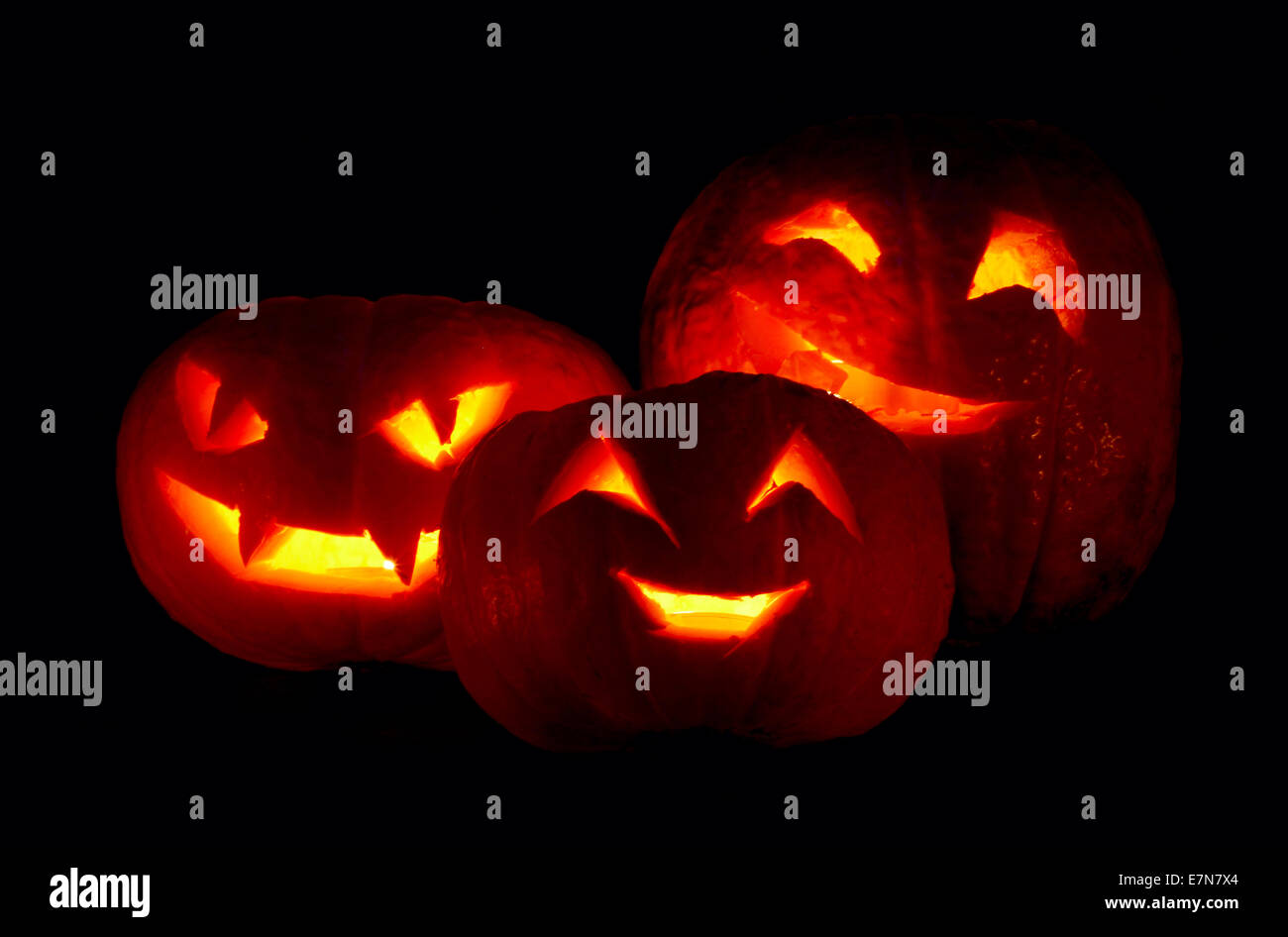 Illuminated cute halloweens pumpkin isolated on black background Stock ...