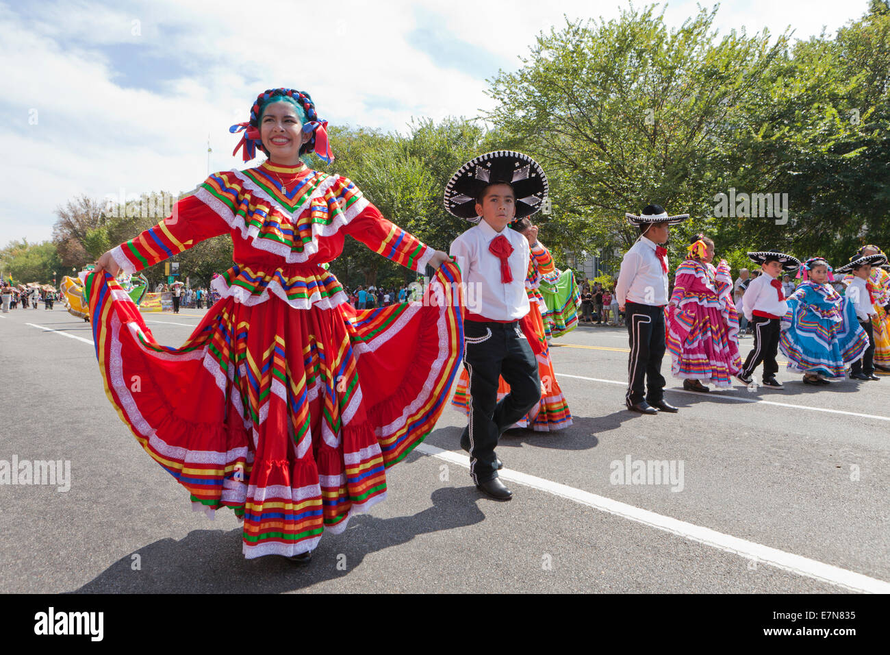 Young dancers performing Jarabe Tapatio (Mexican Hat dance) at outdoor festival - Washington, DC USA Stock Photo