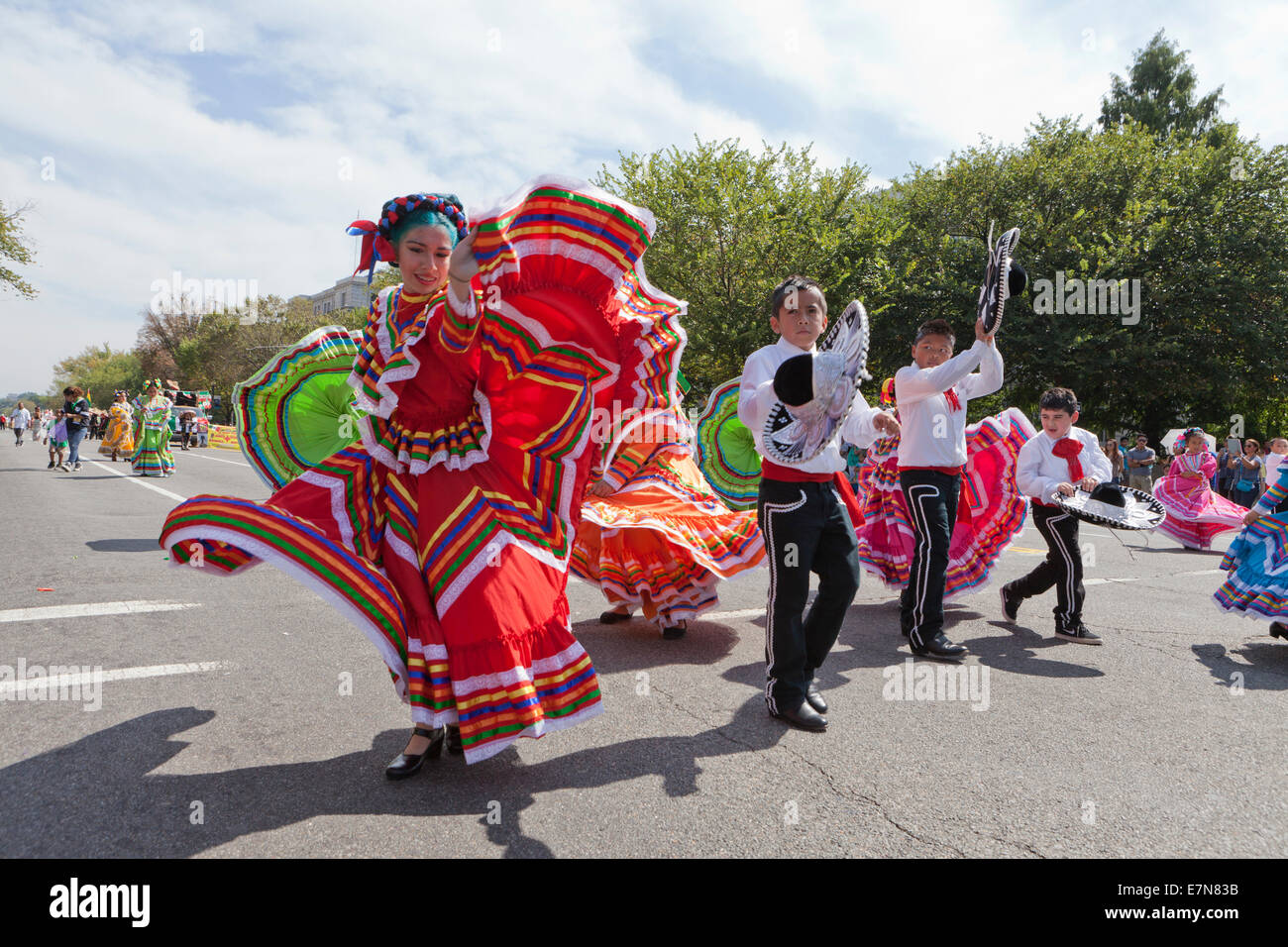 Young dancers performing Jarabe Tapatio (Mexican Hat dance) at outdoor festival - Washington, DC USA Stock Photo