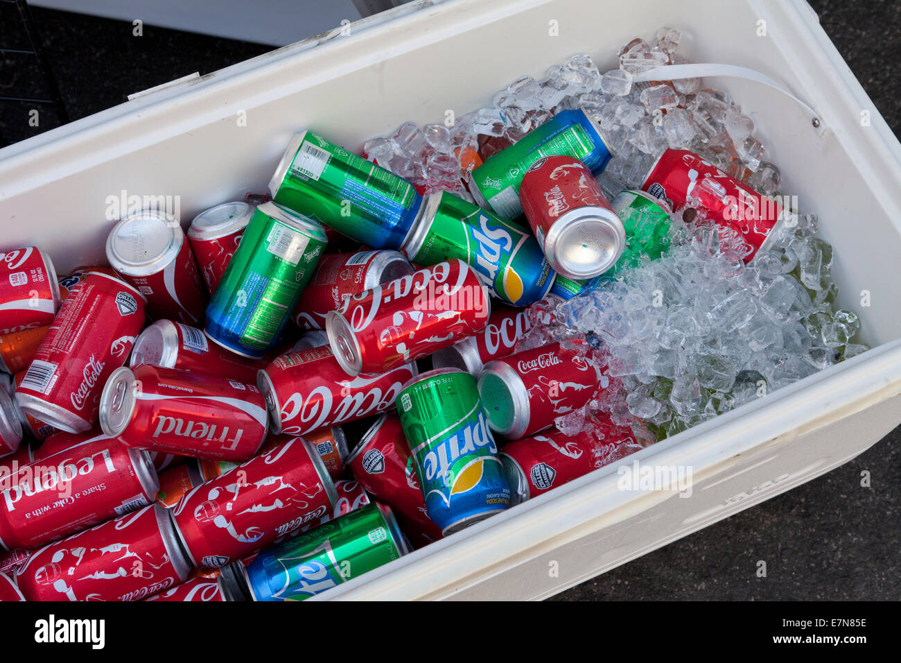 Coca-Cola and Sprite sodas in cooler - USA Stock Photo