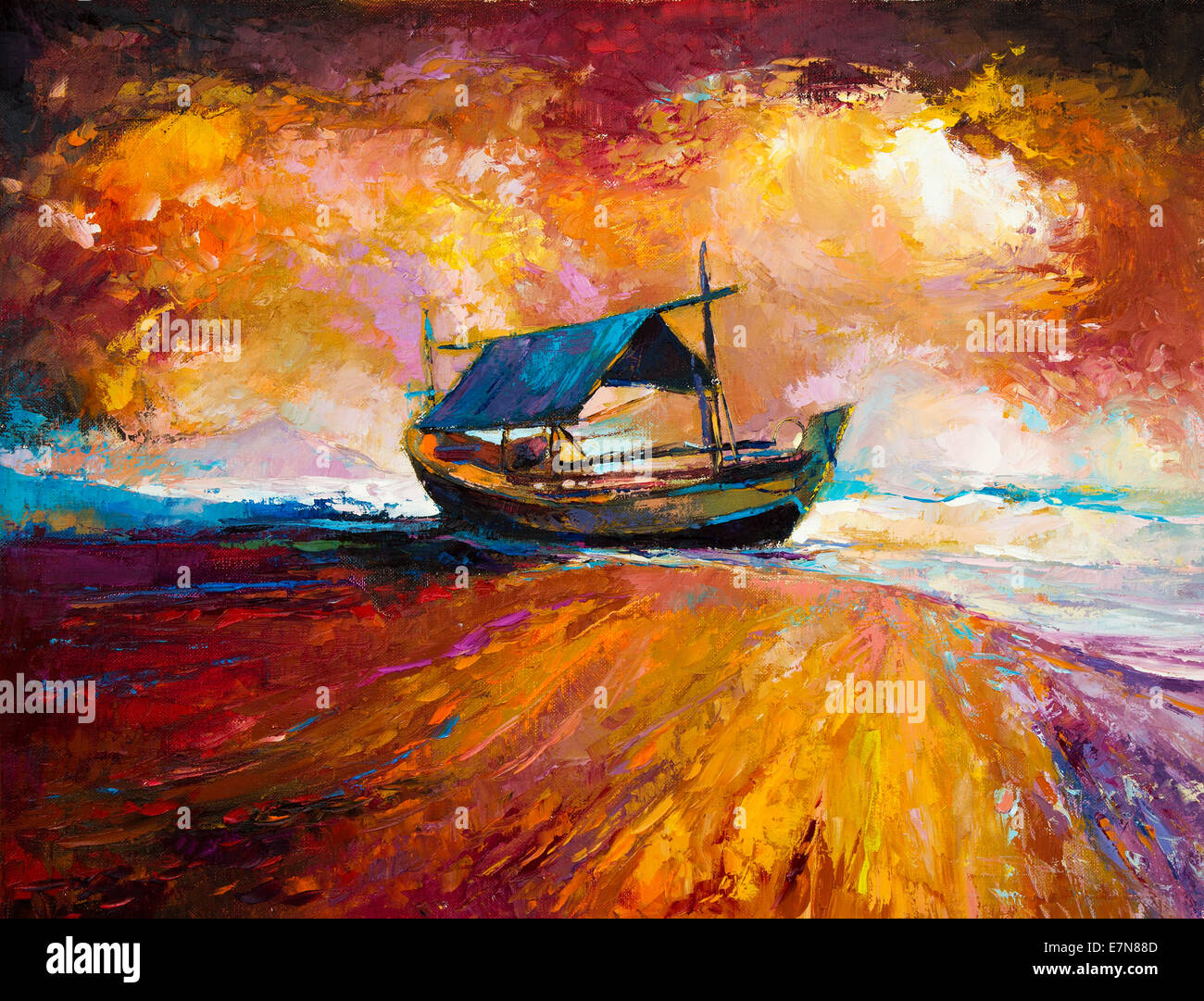 Original oil painting of fishing boat and sea on canvas.Rich golden Sunset over ocean.Modern Impressionism Stock Photo