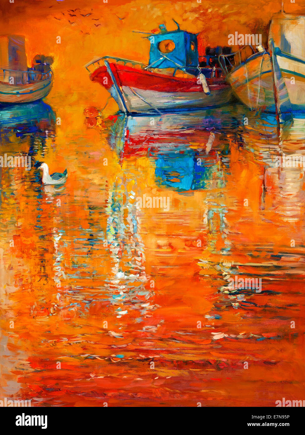 Original oil painting of fishing boats and sea on canvas.Rich golden Sunset over ocean.Modern Impressionism Stock Photo