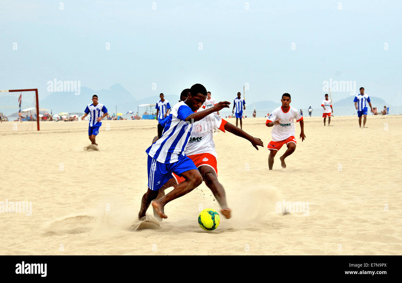 soccer match on sand of Copacabana beach Rio de Janeiro Brazil Stock Photo