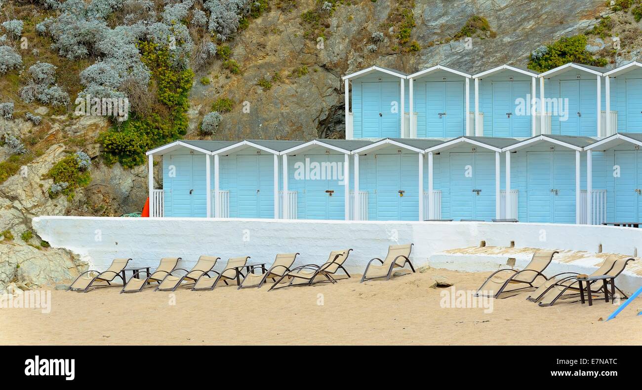 Beach huts on Lusty glaze private beach Newquay Cornwall England uk Stock Photo