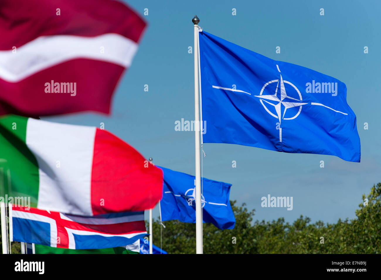 A NATO flag flies at Cardiff Castle during the NATO summit which was held in Newport. Stock Photo