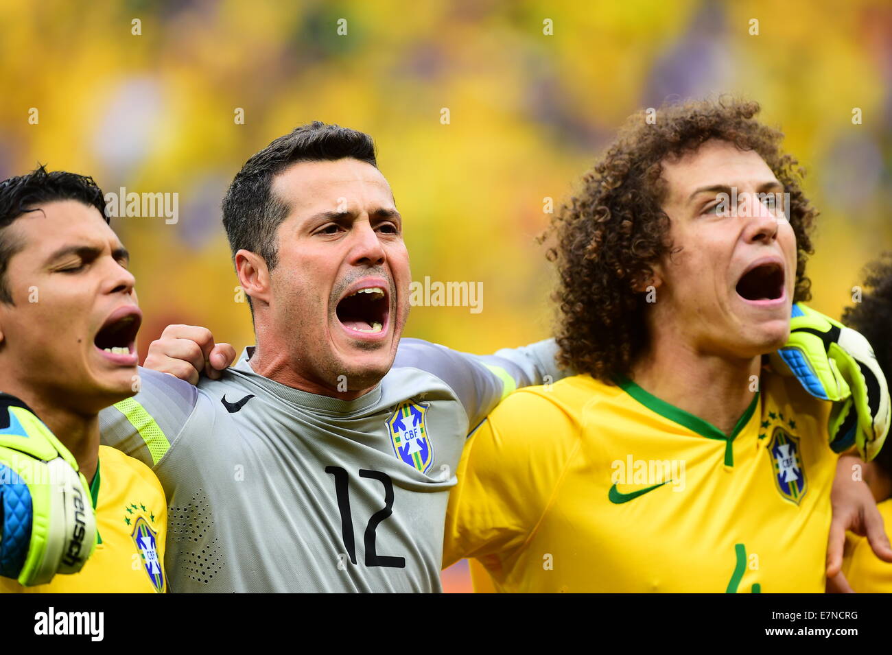 Julio Cesar and David Luiz. Brazil v Cameroon, group match. FIFA World Cup Brazil 2014. National stadium, Brasilia. 23 June 2014 Stock Photo