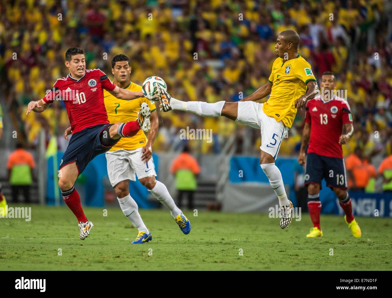 James Rodriguez and Fernandinho. Brazil v Colombia, quarter-final. FIFA World Cup Brazil 2014. Castelao stadium, Fortaleza. 4 Ju Stock Photo