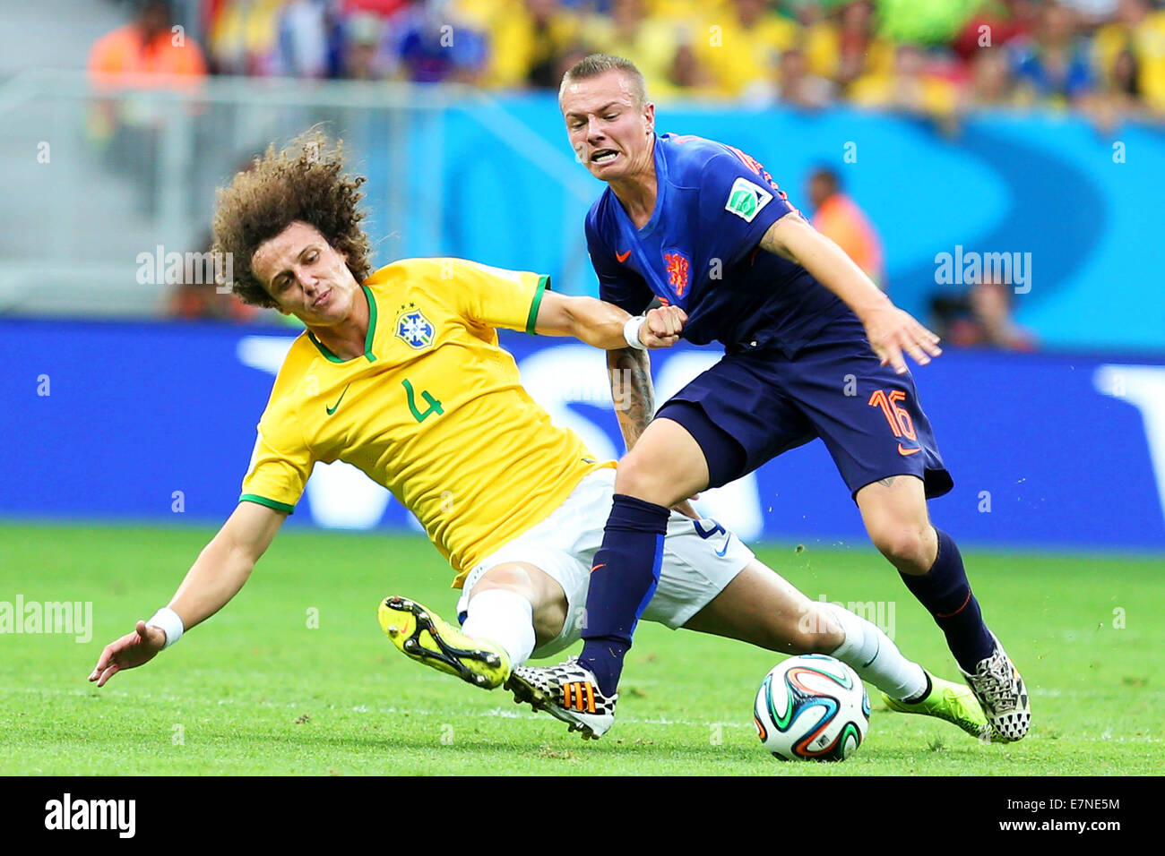 David Luiz and Jordy Clasie. Brazil v Holland. Play-0ff for third place. FIFA World Cup 2014 Brazil. National stadium, Brasilia. Stock Photo