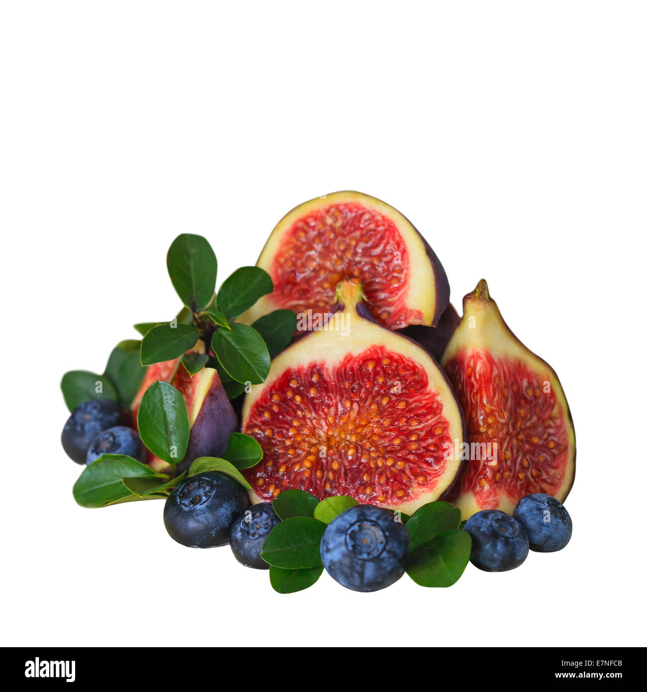 Fruit topping decoration with fig, blueberry and leaves Stock Photo