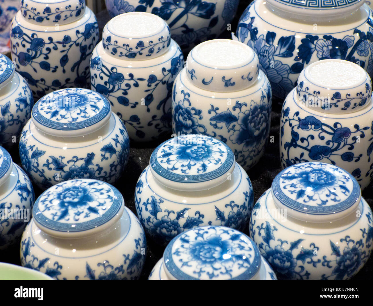 Closeup of blue and white porcelain jars Stock Photo Alamy