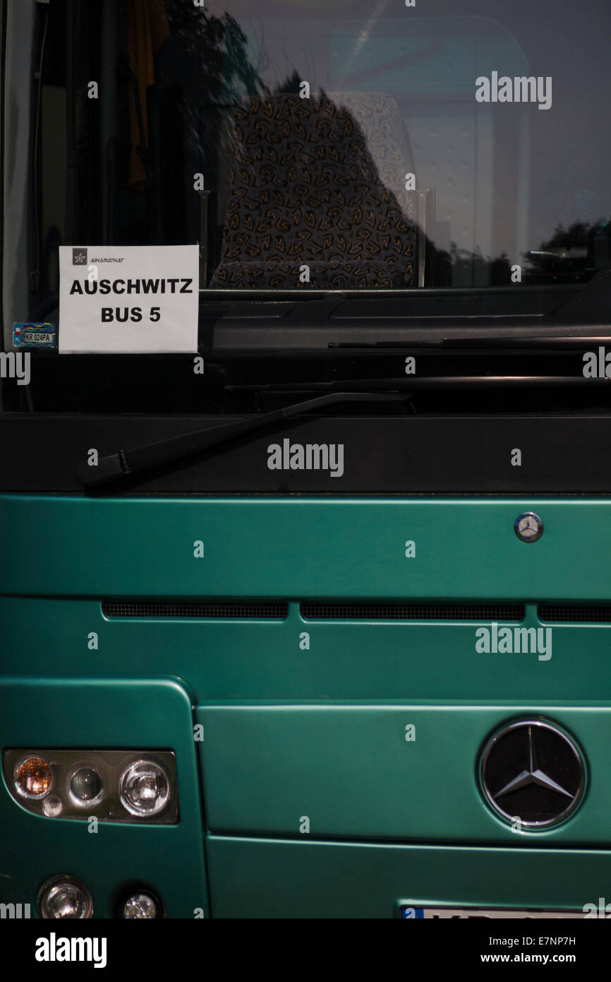 Auschwitz Bus 5 ready to transport visitors between Auschwitz and Auschwitz-Birkenau concentration camps, Auschwitz, Poland Stock Photo