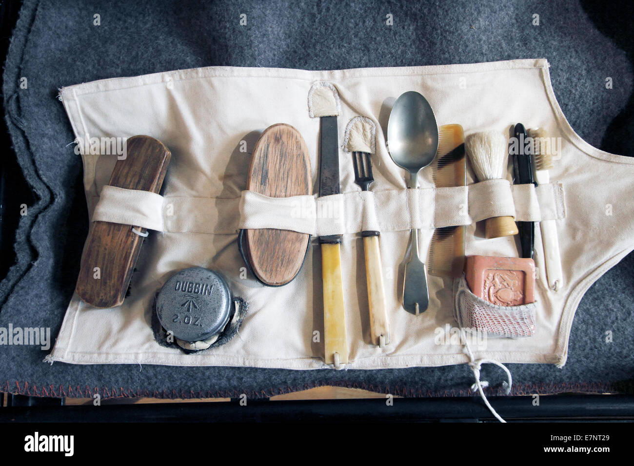 Soldiers personal kit.boot brush, polish dubin hair brush, knife, fork spoon comb shaving brush