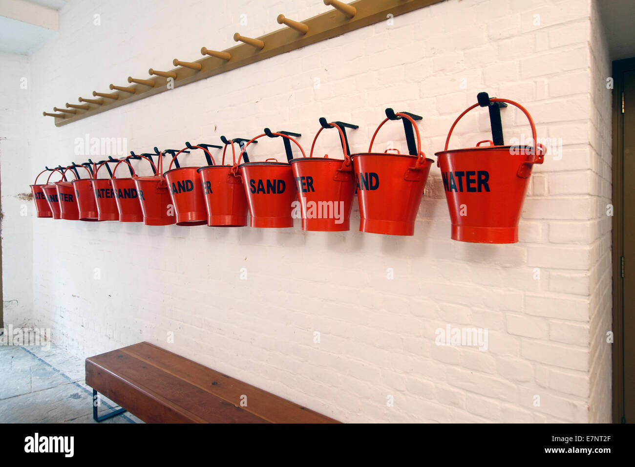 Red fire buckets water and sand Fort Nelson Stock Photo Alamy