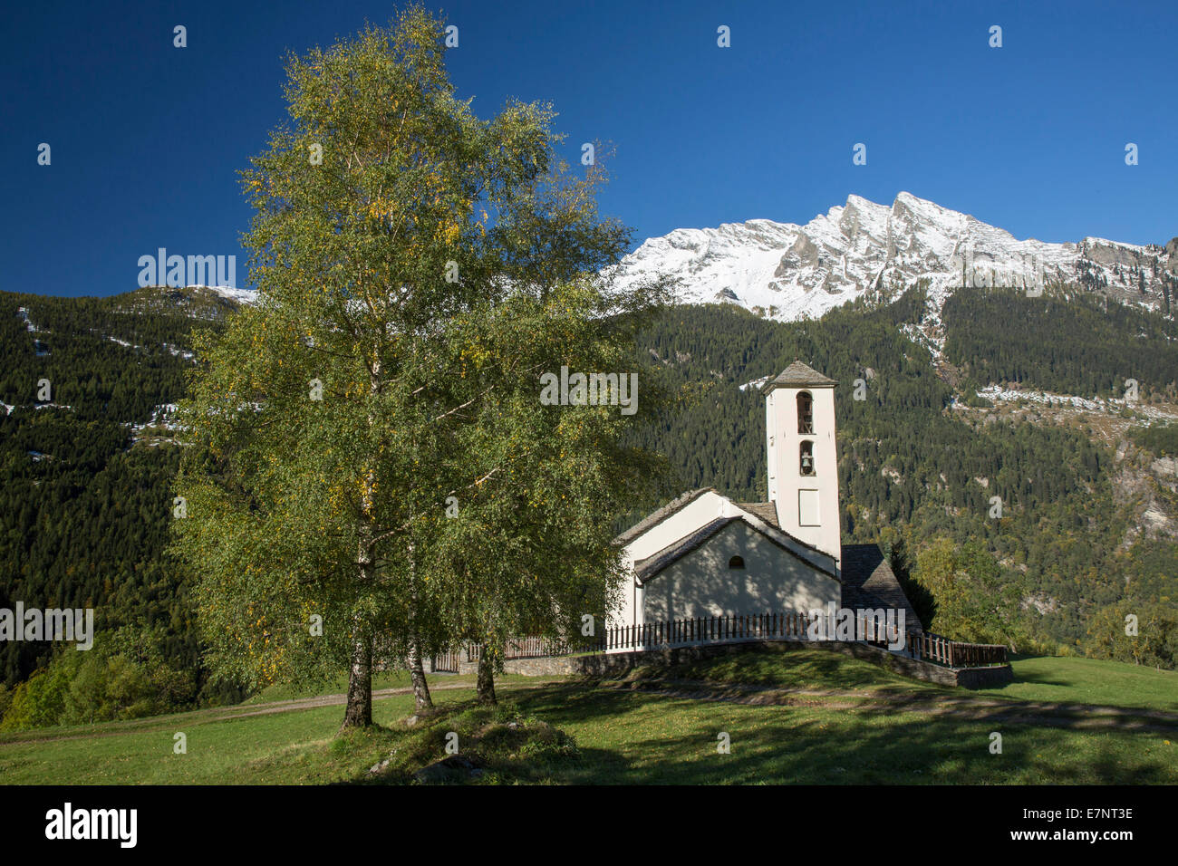 Calanca valley, church, Braggio, Calanca valley, autumn, mountain, mountains, canton, GR, Graubünden, Grisons, tree, trees, chur Stock Photo
