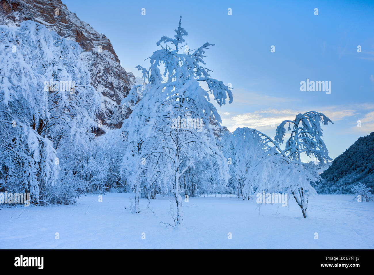 Klöntal, Switzerland, Europe, canton Glarus, mountains, trees, snow, winter Stock Photo