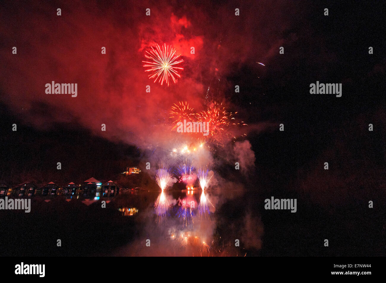 Fires, fireworks, pyrotechnics, rockets, rays, beams, explode, explosion, sky, night, lights, Berchtesgaden, Bavaria, Germany, K Stock Photo