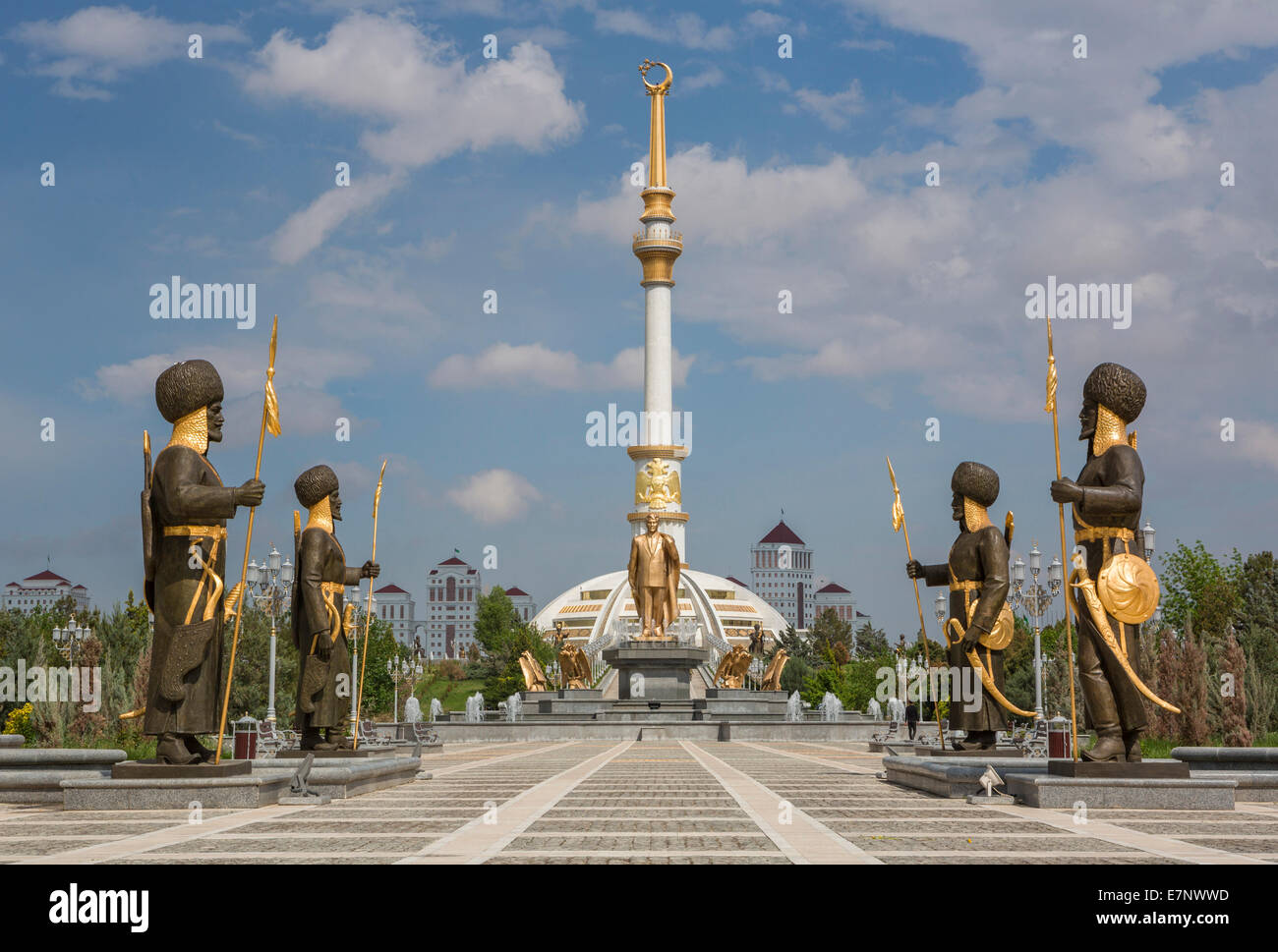 Ashgabat, Turkmenistan, Central Asia, Asia, architecture, avenue, city, colourful, golden, independence, monument, park, skyline Stock Photo
