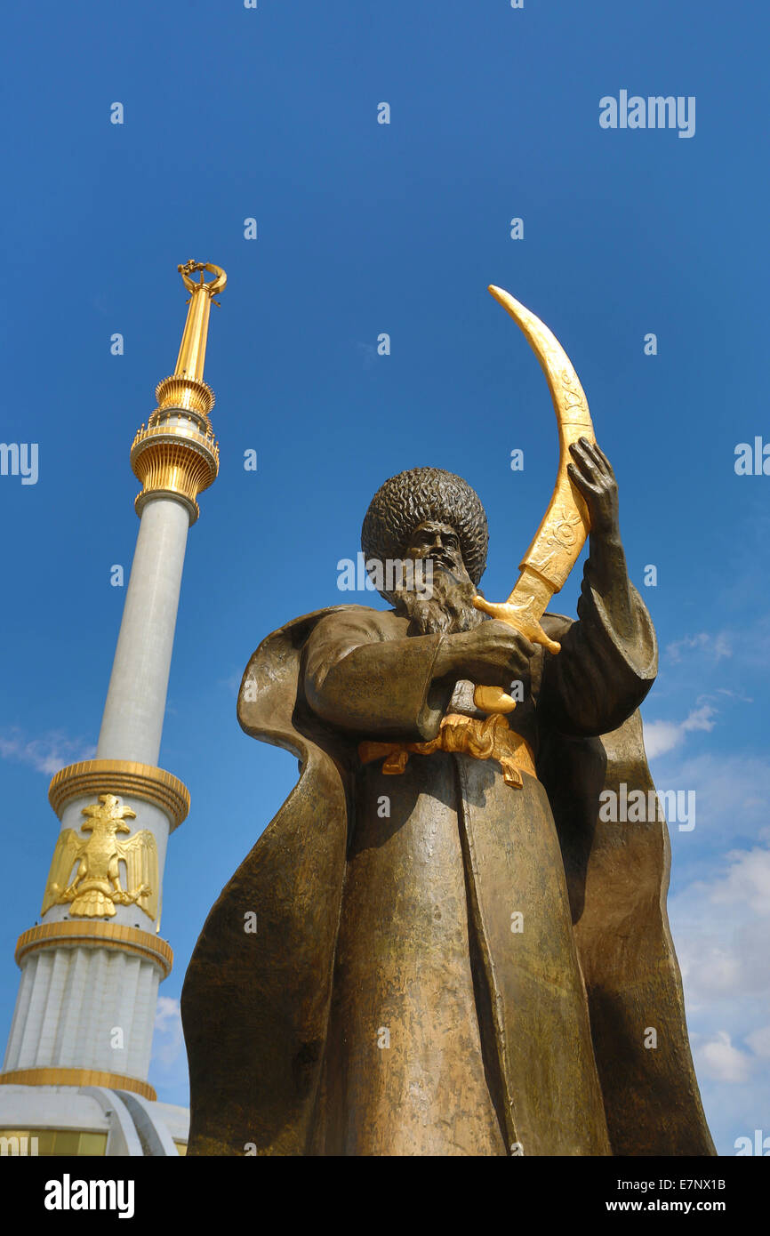 Ashgabat, Turkmenistan, Central Asia, Asia, architecture, avenue, city, colourful, golden, independence, monument, park, skyline Stock Photo