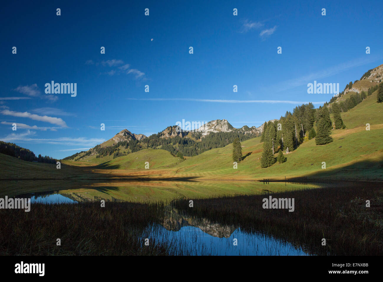 Toggenburg, Gräppelensee, lake, mountain, mountains, mountain lake, autumn, reflection, SG, canton St. Gallen, Switzerland, Euro Stock Photo