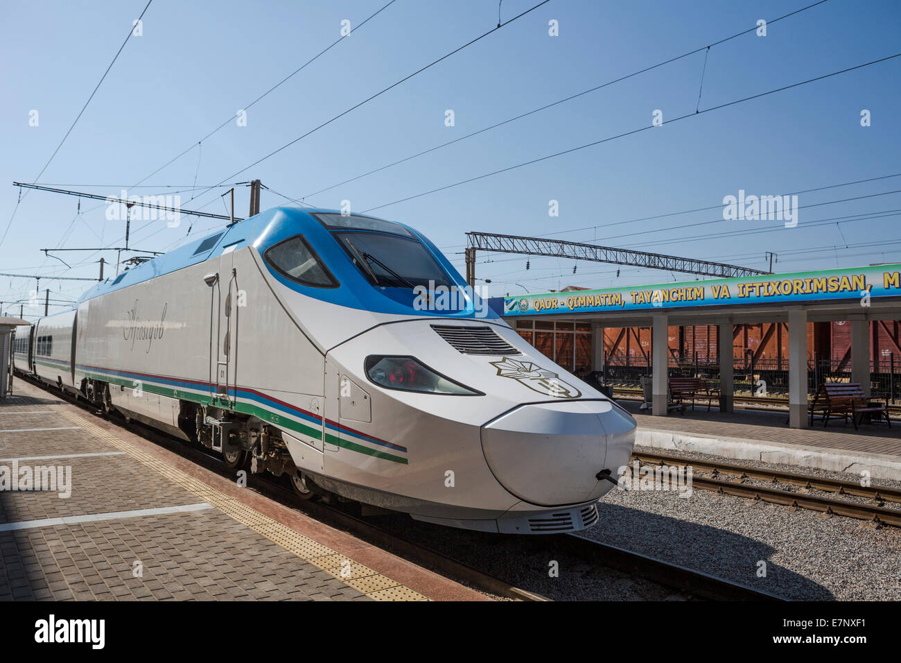 Samarkand, City, Talgo, Uzbekistan, Central Asia, Asia, engine, new, platform, station, train Stock Photo