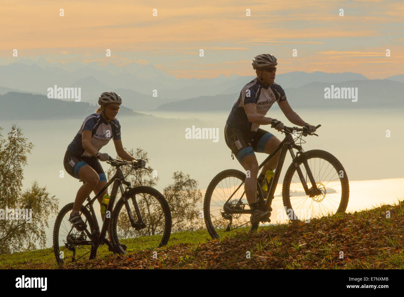 Mountain biker, Bachtel, Zurich lake, view, Alpine chain, canton Zurich, mountain, mountains, sport, spare time, adventure, moun Stock Photo