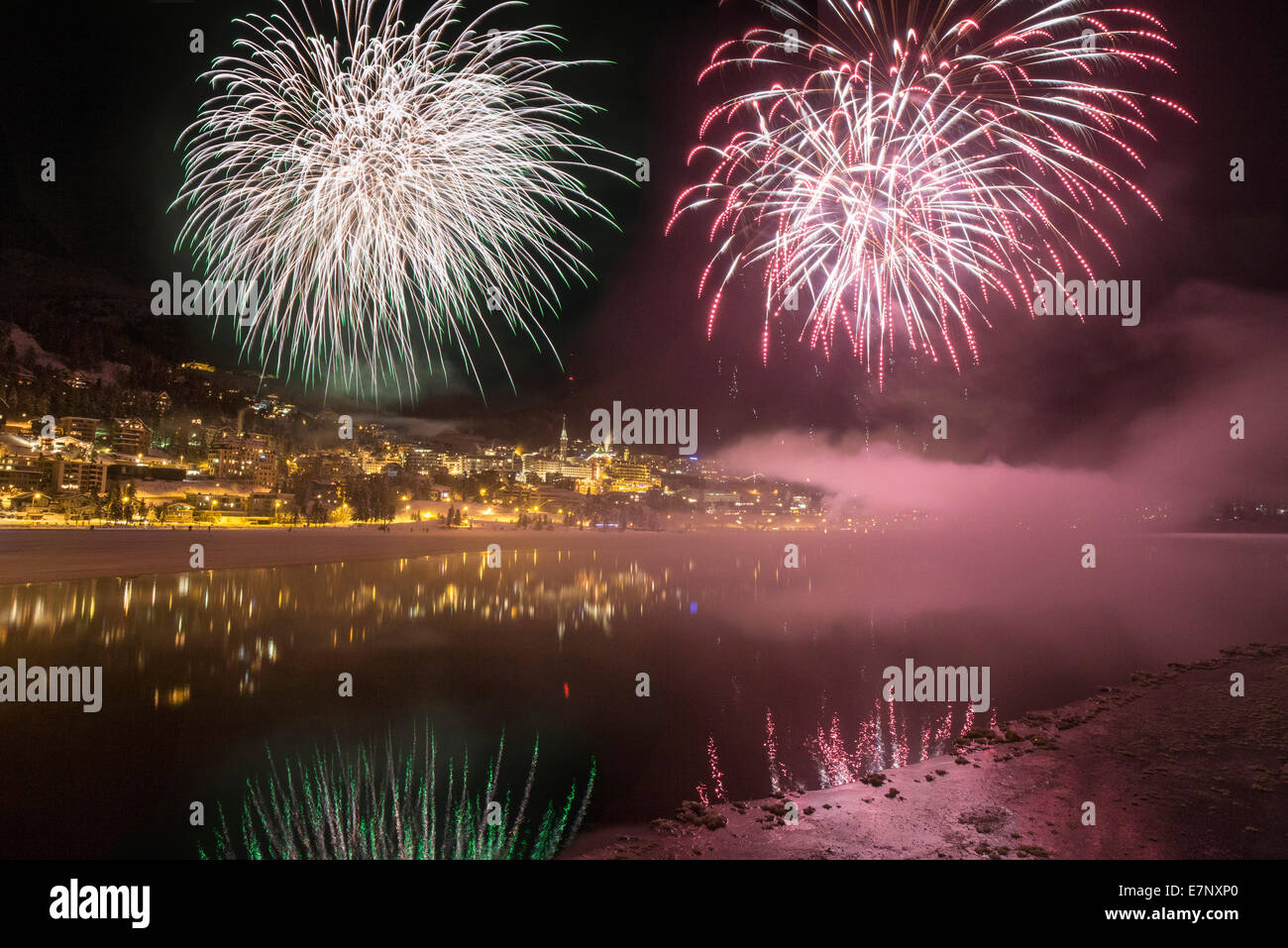 Saint Moritz, St. Moritzersee, New Year, fireworks, Saint Moritz, St. Moritz, village, festival, Openair, event, canton, GR, Gra Stock Photo