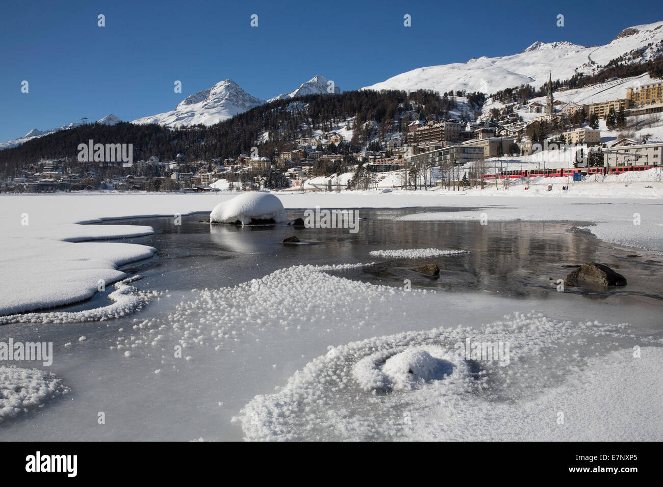 Saint Moritz, St. Moritzersee, Saint Moritz, St. Moritz, winter, village, snow, lake, lakes, town, city, Switzerland, Europe, Stock Photo