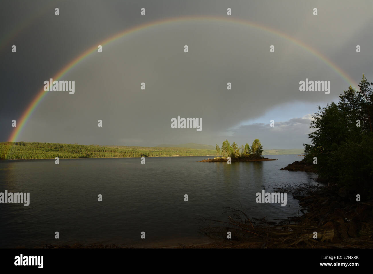 Lake, forest, ile, rainbow, Höljessjön, Längflon, Värmland Län, Sweden, Europe, Stock Photo