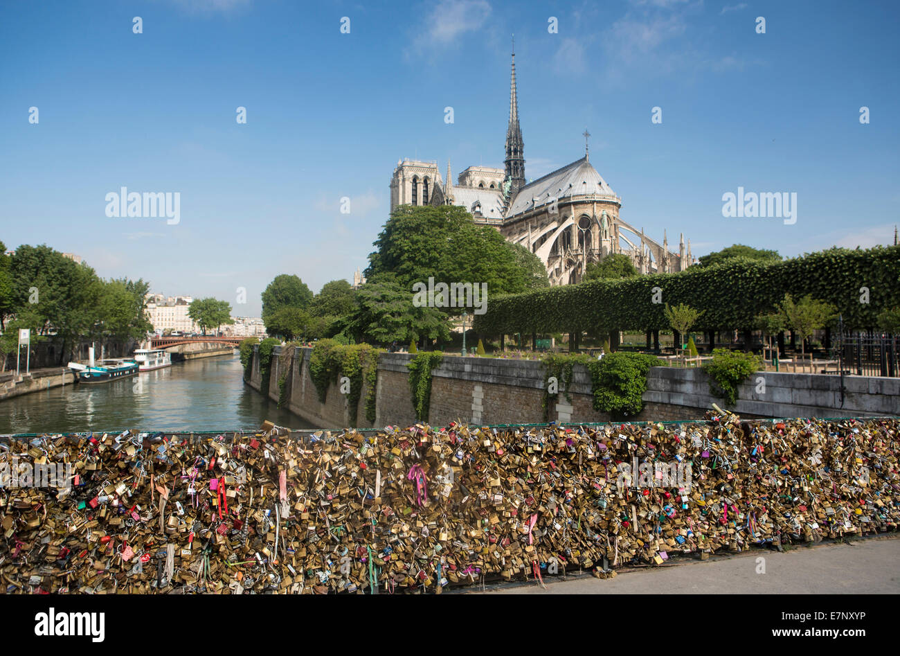 Bridge, Cathedral, City, France, Hardware, Notre Dame, Paris, colourful, lockers, love, river, Seine, tourism, travel Stock Photo