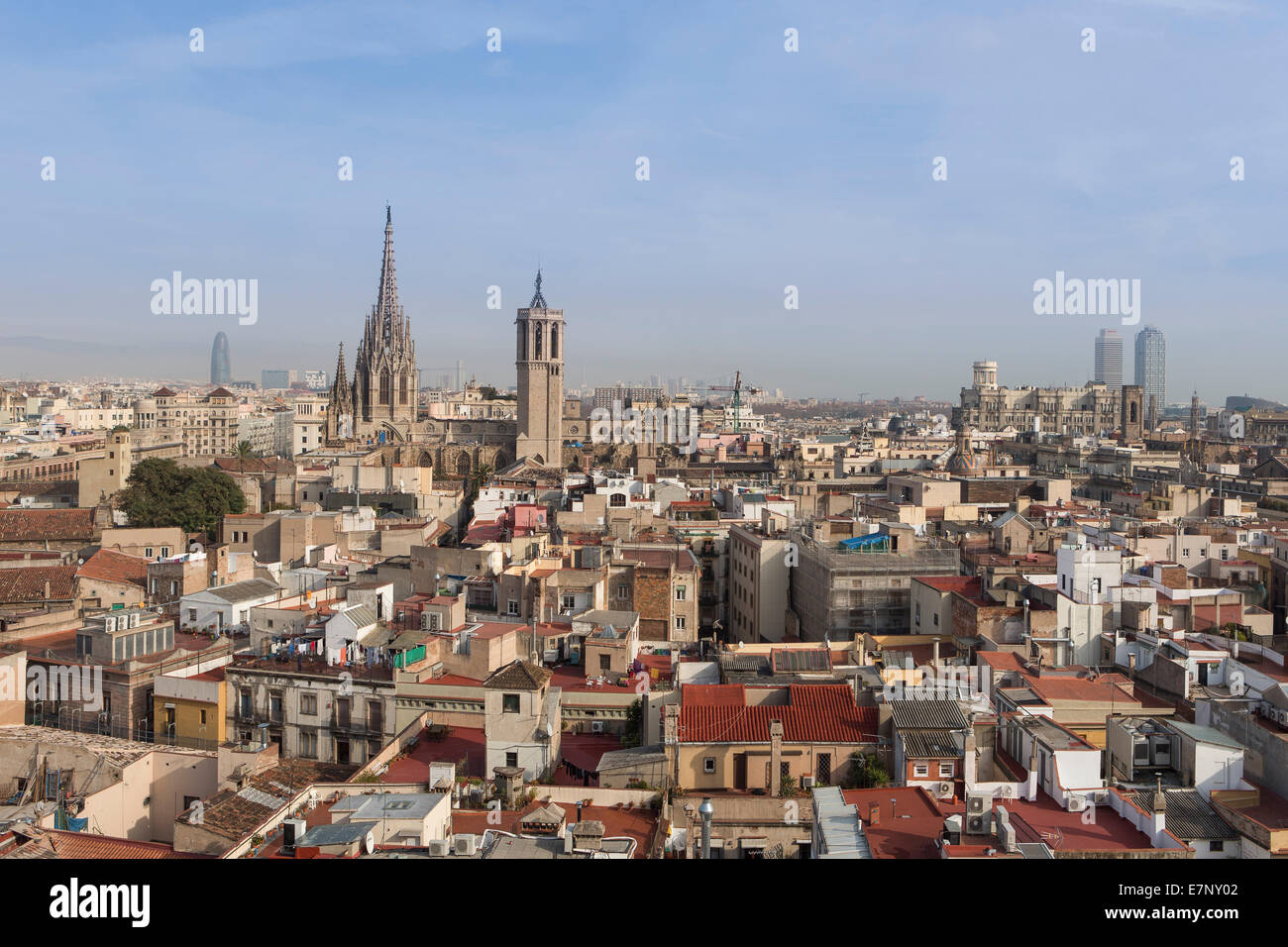 Barcelona, Catalonia, Cathedral, City, Ciutat Vella, Old Town, Spain, Europe, agbar, architecture, belfry, downtown, roofs, skyl Stock Photo