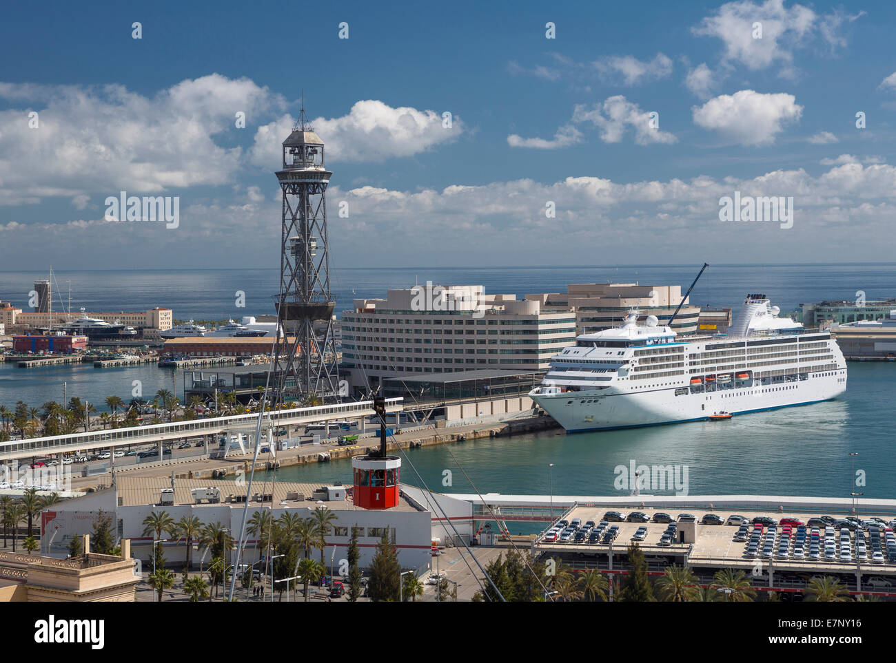 Barcelona, Catalonia, City, Spain, Europe, architecture, atarazanas, cable car, gondola, harbour, port, ship, tourism, tower, tr Stock Photo